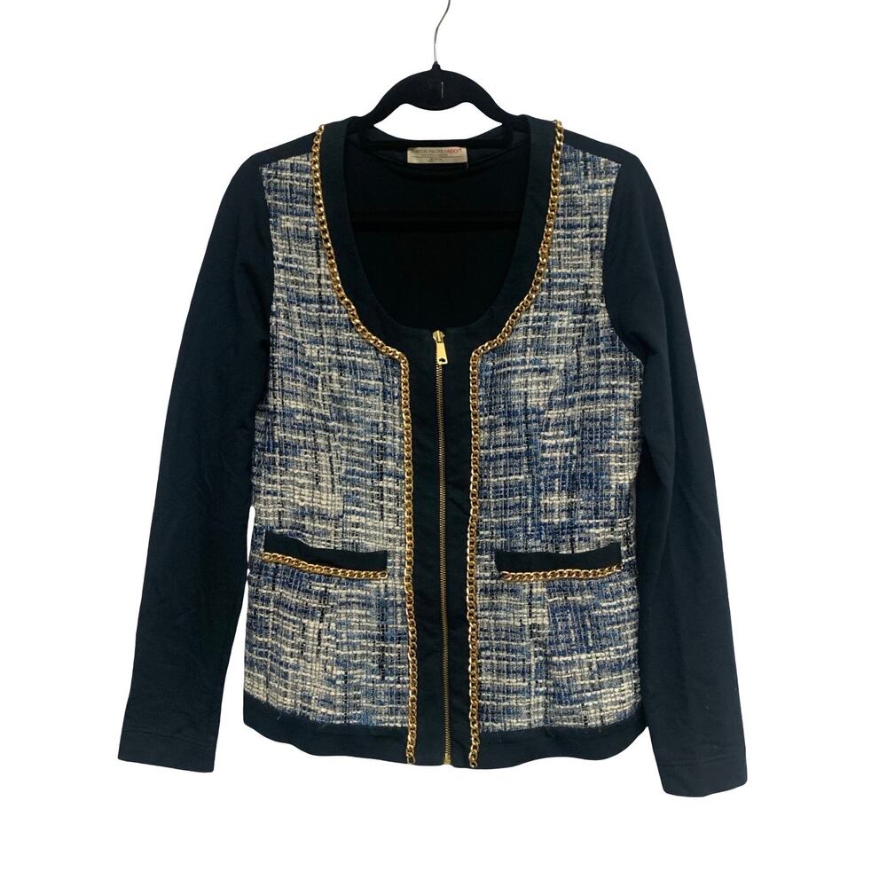 Boston Proper Sport Chain Trim Tweed Knit Jacket Navy Blue Gold Zip Medium